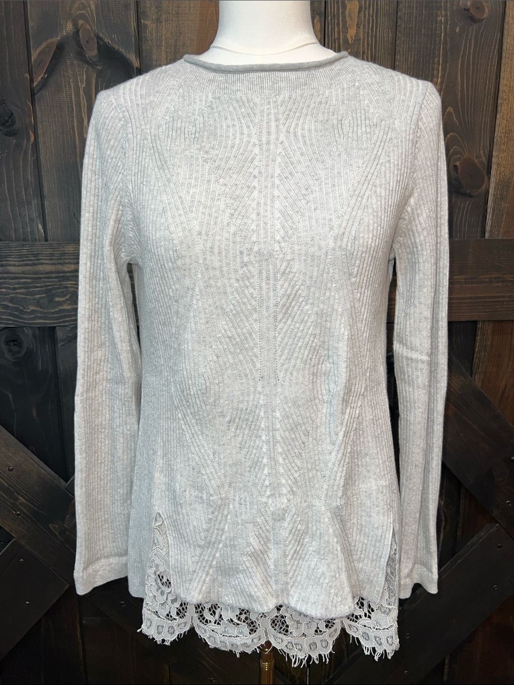 Ost Cashmere Blend Boho Sweater L Grey Ribbed Lace Trim Boho Cozy Soft Cotton